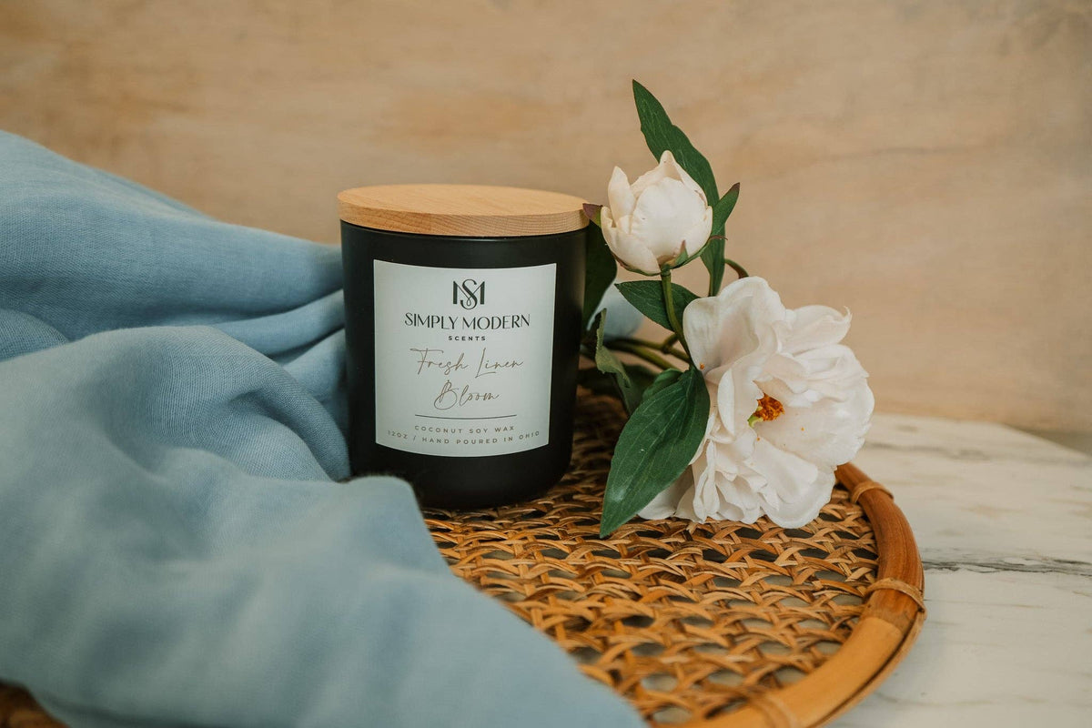 Fresh Linen Bloom | Black | Wood-Wick Coconut Soy Wax Candle