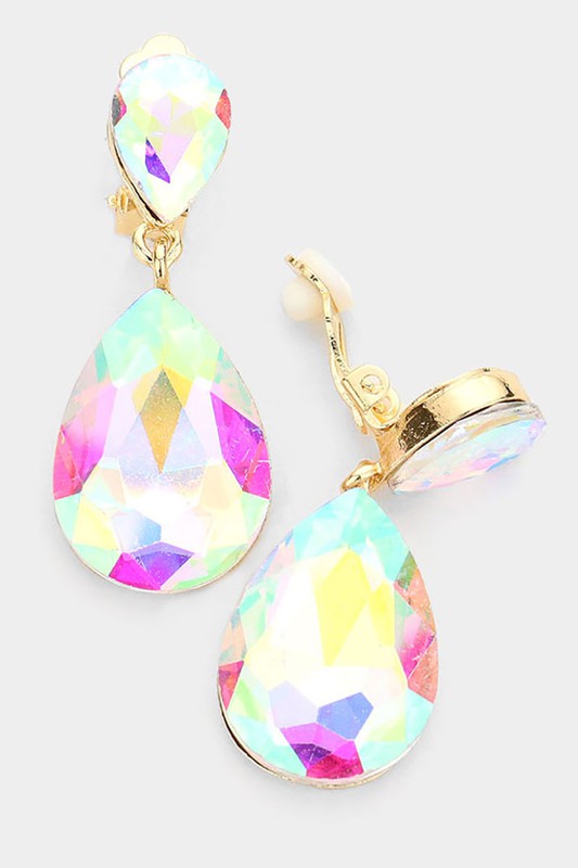 Crystal Double Teardrop Clip On Earrings - Debs on 5th