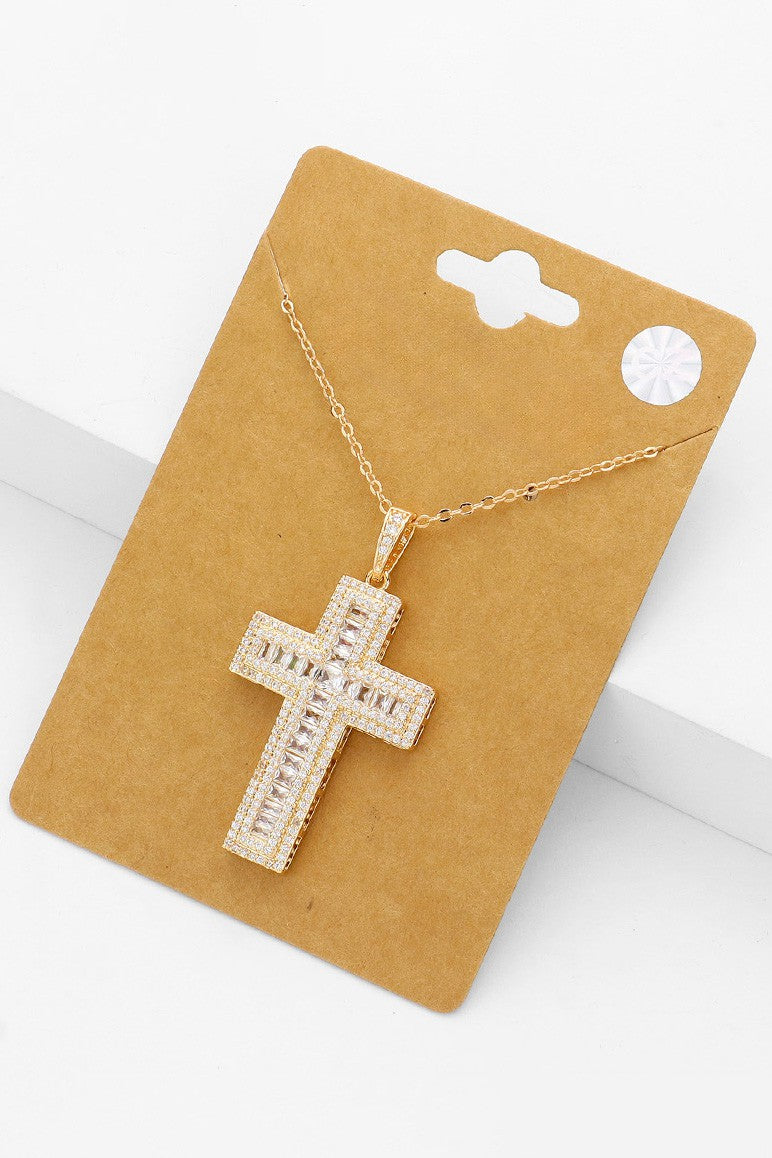 CZ Stone Paved Cross Pendant Necklace