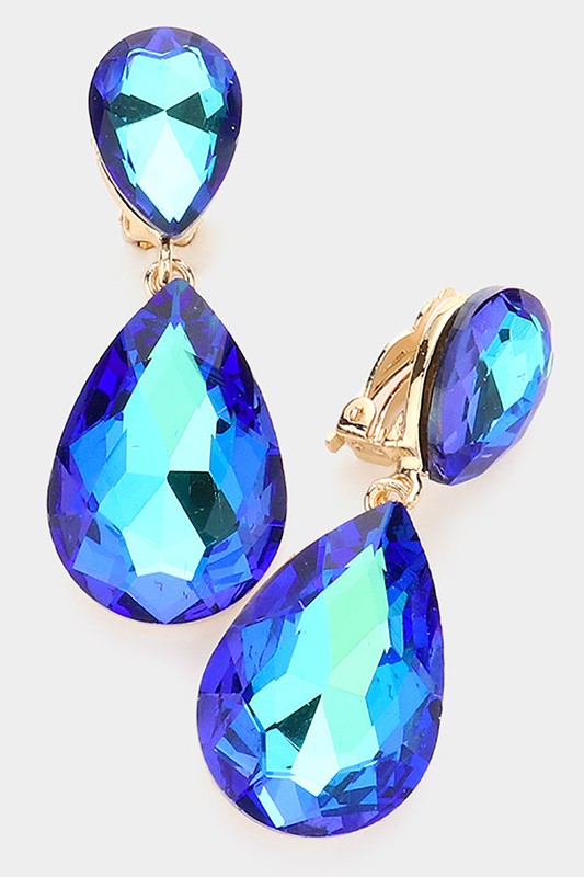 Glass Crystal Teardrop Clip on Evening Earrings - Debs on 5th