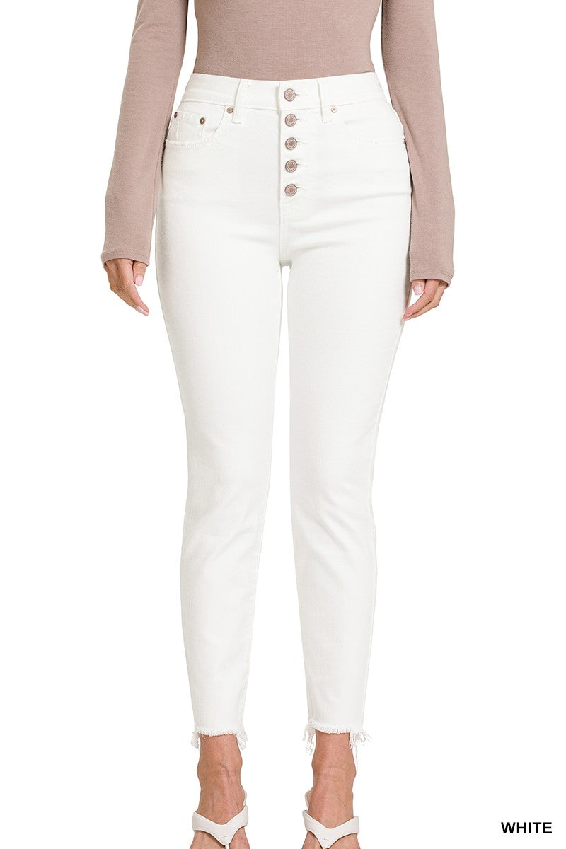 Button Fly Raw Hem Skinny Pants