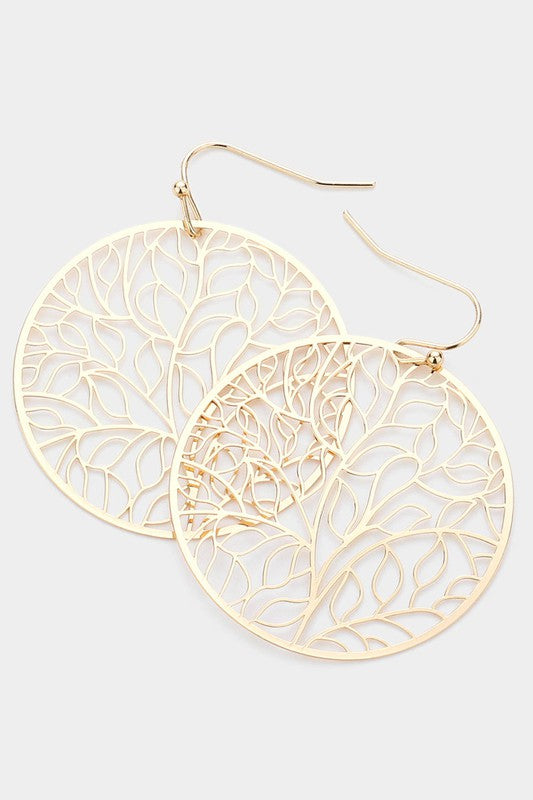 Filigree Leaf Detailed Brass Metal Dangle Earrings - Debs on 5th
