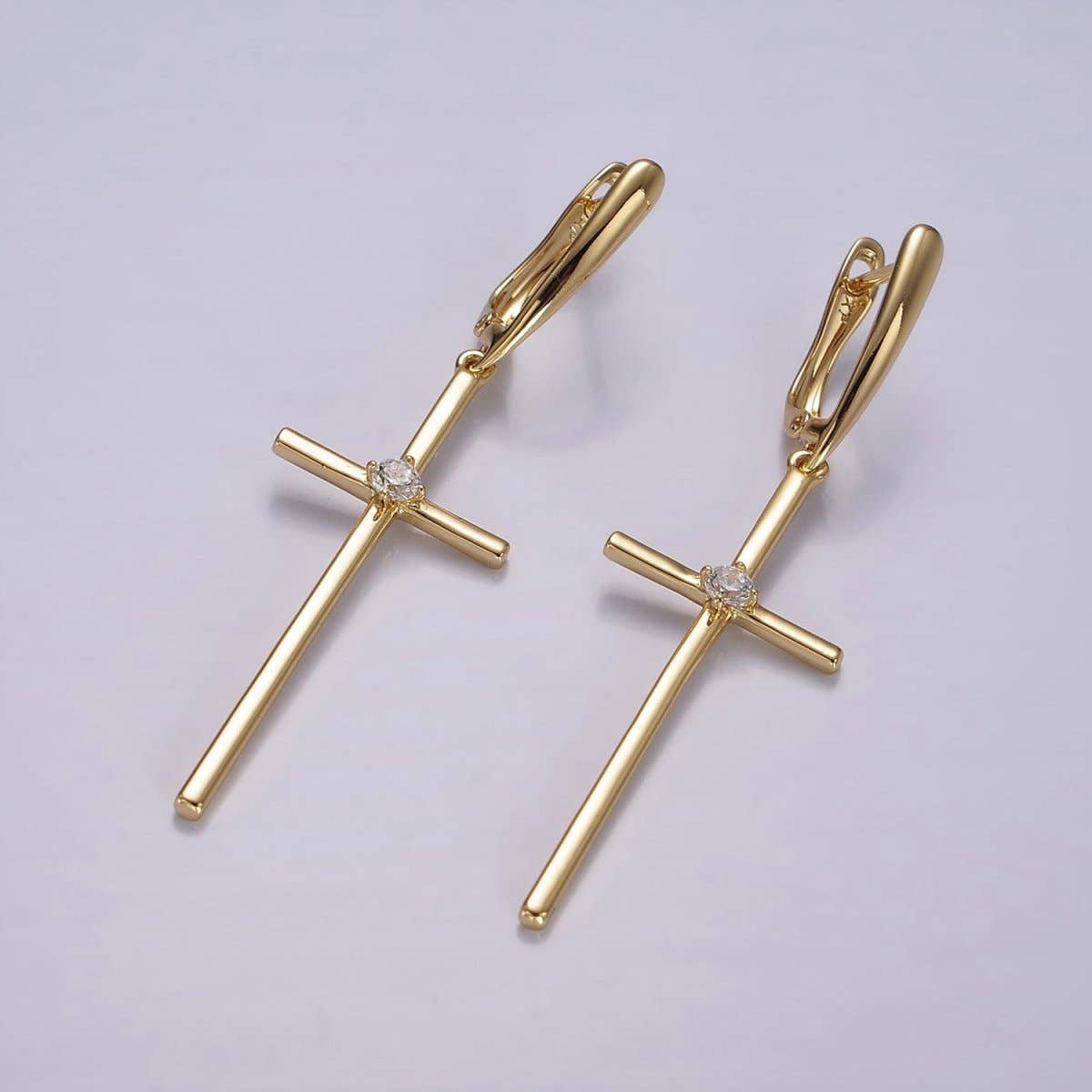 14K Gold Filled Clear CZ Latin Cross Drop English Lock Hoop Earrings | AE402
