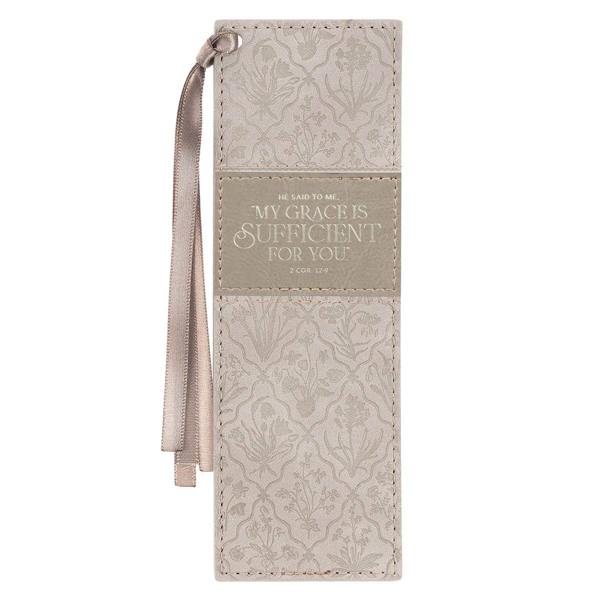 Bookmark Faux Leather Taupe My Grace Is Sufficient 2Cor 12:9