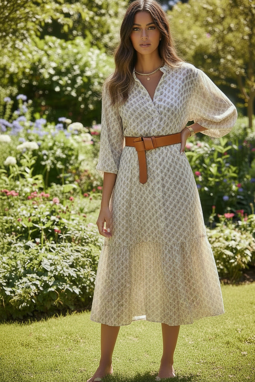 Belt Waist Single-Breasted Midi Dress
