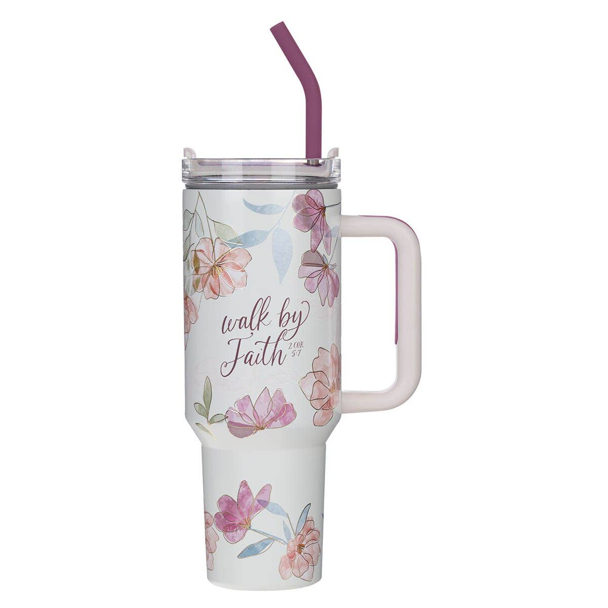 Tumbler w/straw SS White Floral Walk By Faith 2 Cor. 5:7