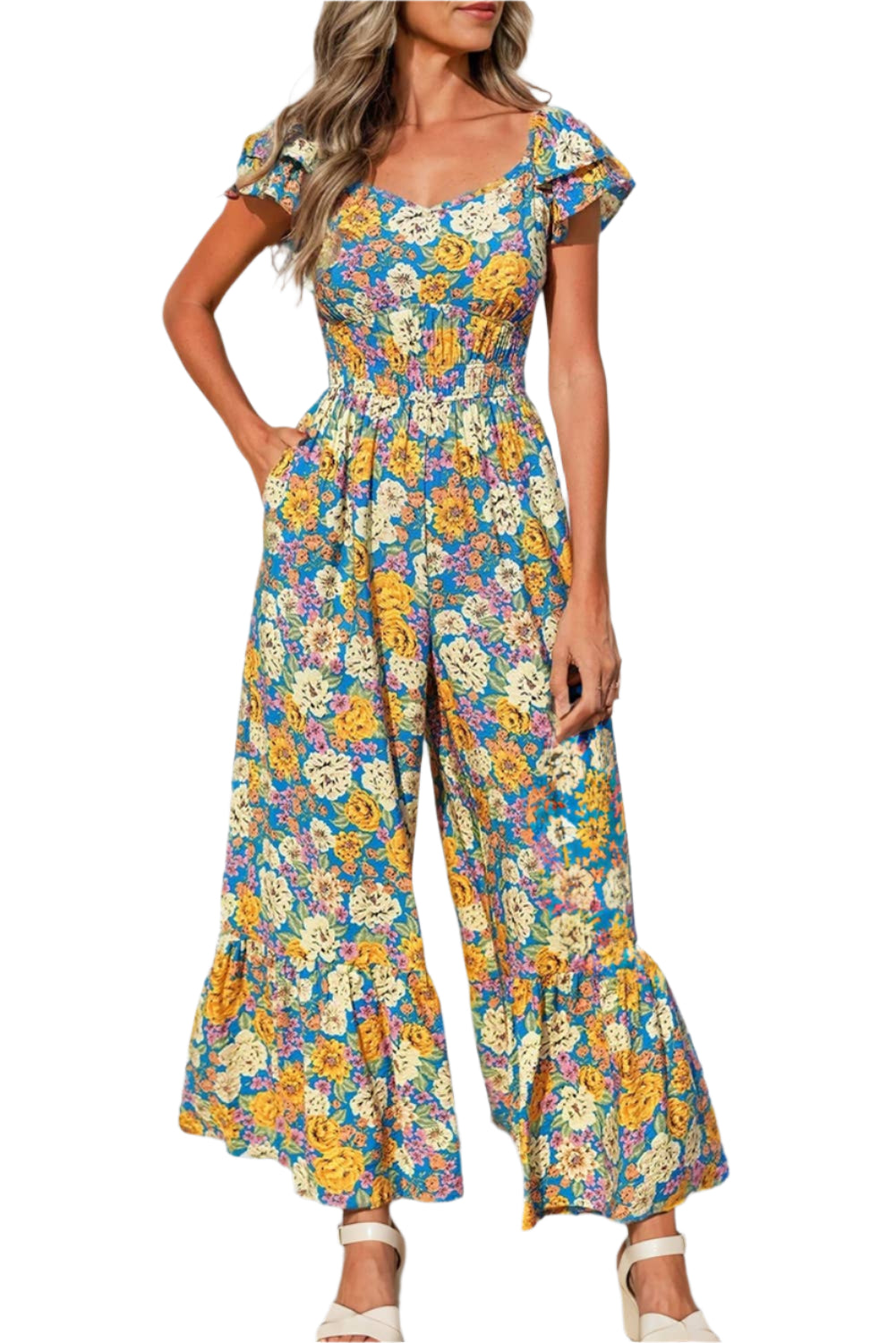 Floral Print Shirred Cut Out Back Jumpsuit
