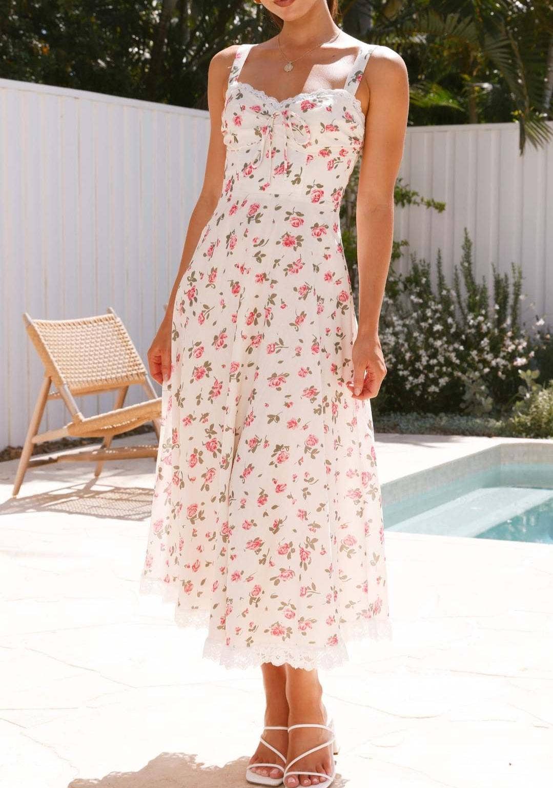 Pink Rose Lace-Trim Midi Sundress