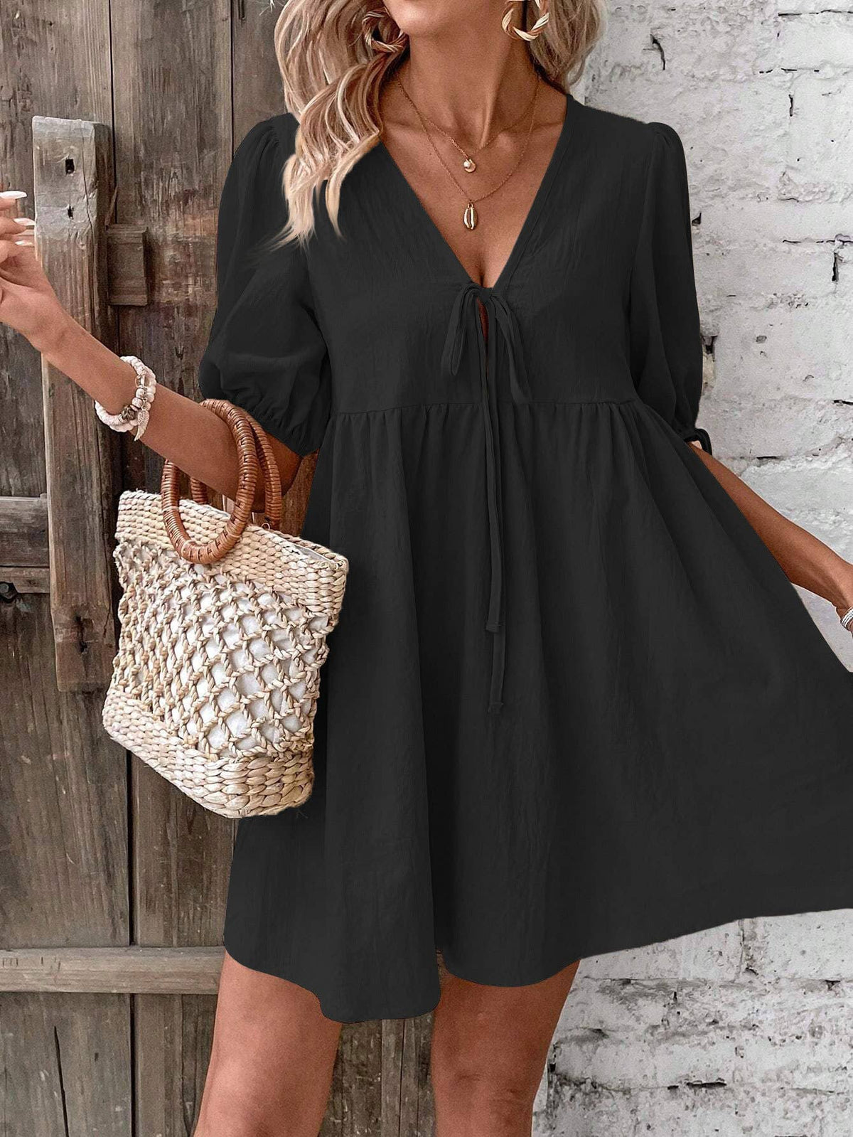 V-Neck Puff Sleeve Dress