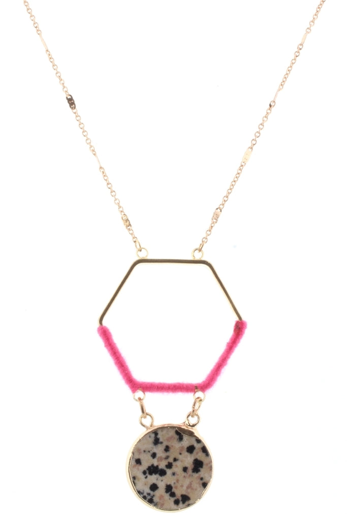 Gold Chain with Hot Pink Wrapped Hexagon with Dalmation Stone Circle - Debs on 5th