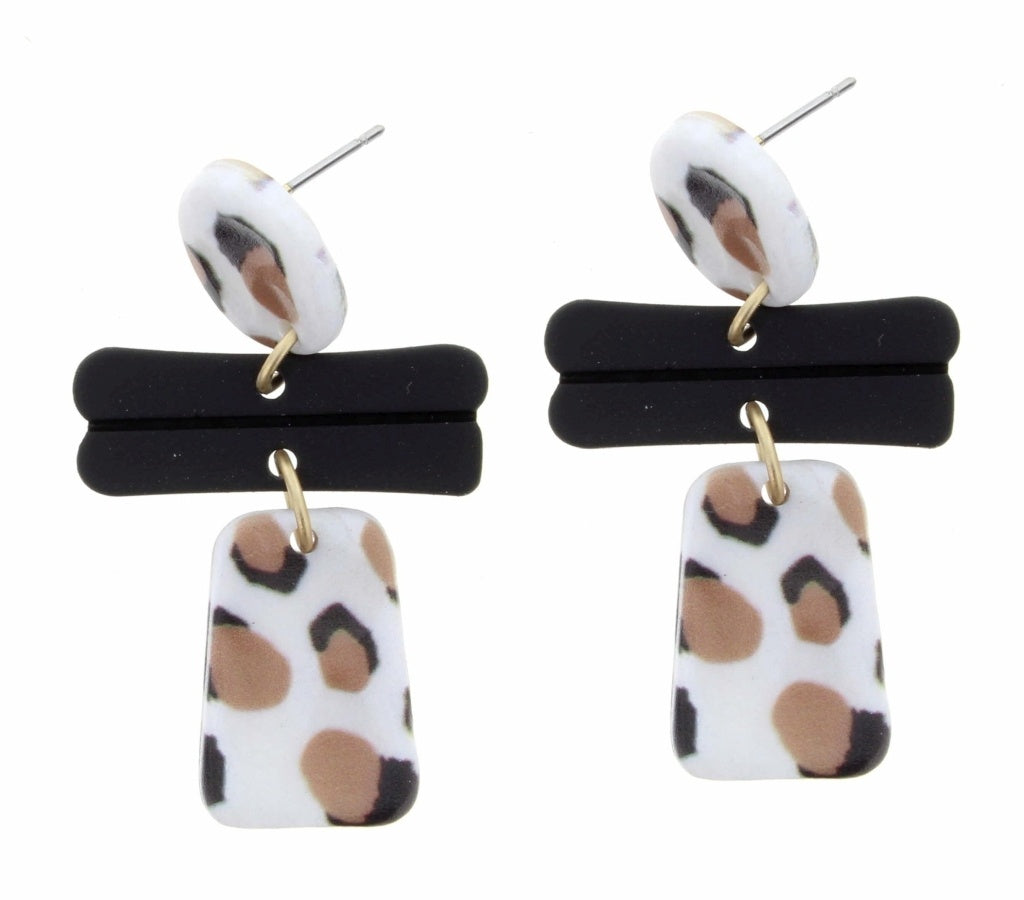 White Leopard Circle with Black Bars and Leopard Trapzoid Pendant Earring - Debs on 5th