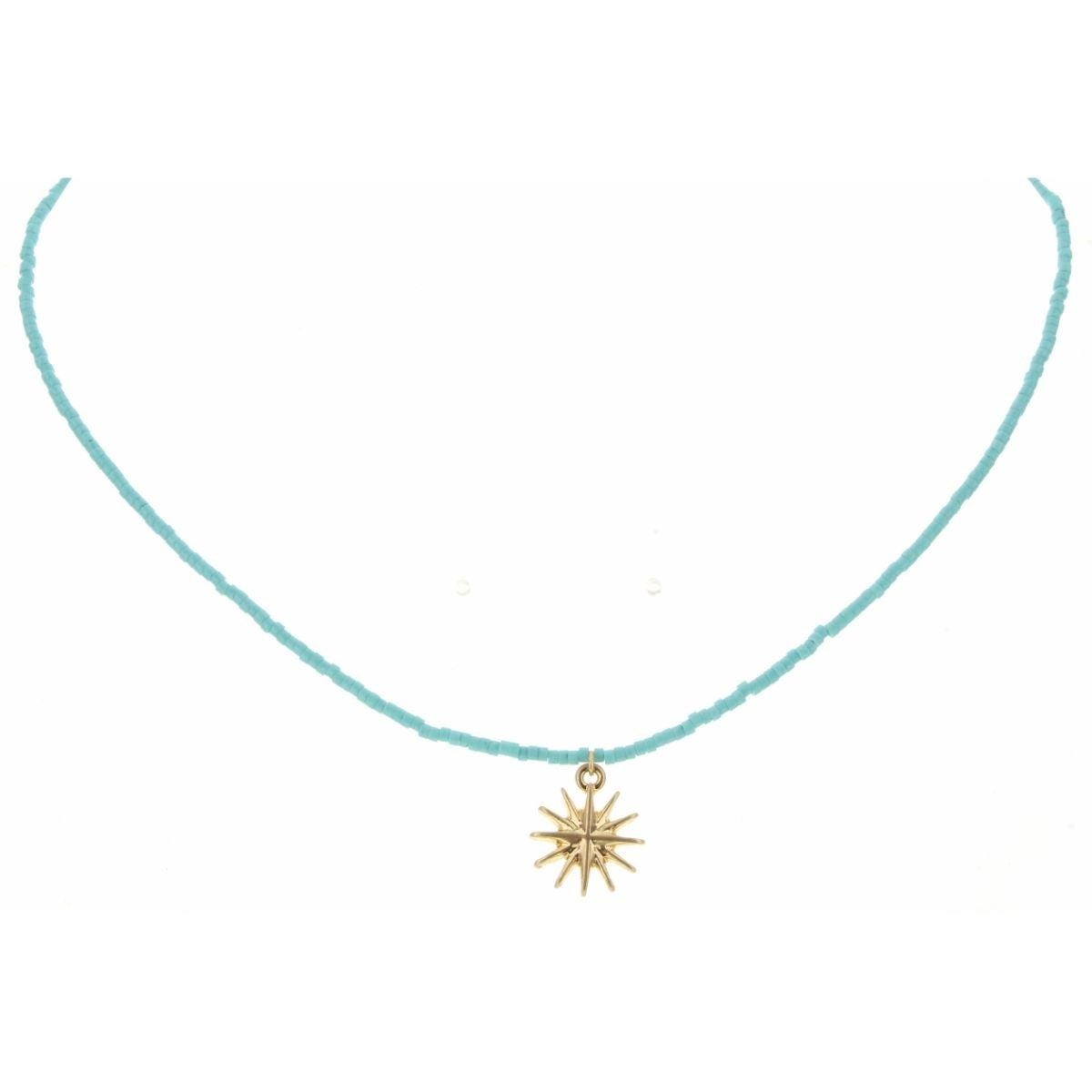 14" Turquoise Seed Bead with Sunburst Charm Necklace - Debs on 5th