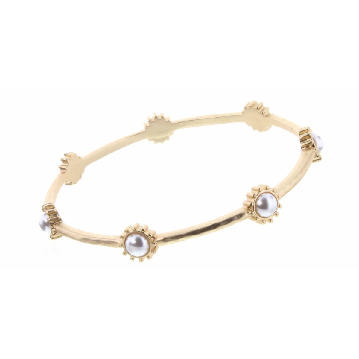 Glass Pearl Circle with Gold Accents Station Bangle Bracelet - Debs on 5th
