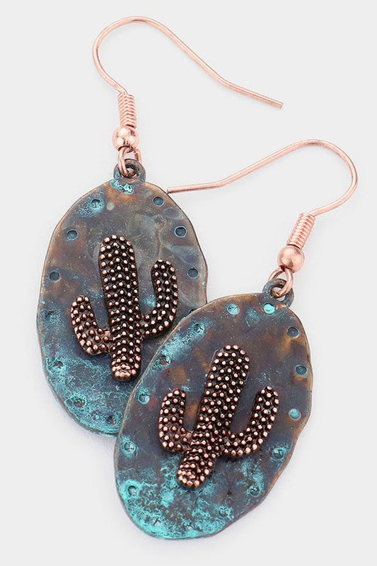 Cactus Accented Irregular Metal Oval Earrings - Debs on 5th