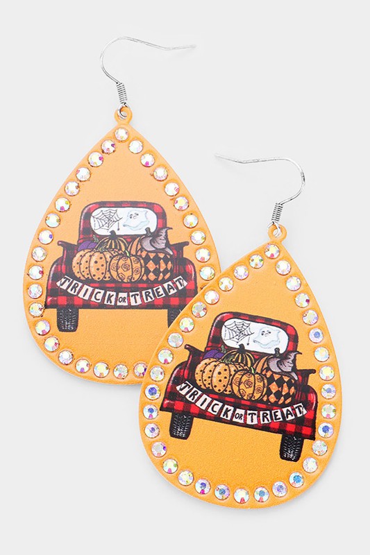 Pumpkin Print Stone Trim Metal Teardrop Earrings - Debs on 5th