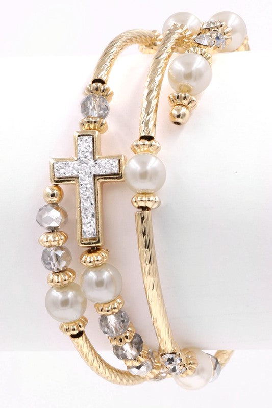 Cream Pearl/Cross Metal Coil Bracelet - Debs on 5th