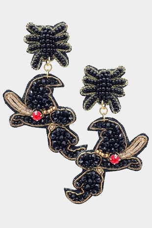 Felt Back Multi Beaded Witch Hat Broom Dangle Earrings - Debs on 5th
