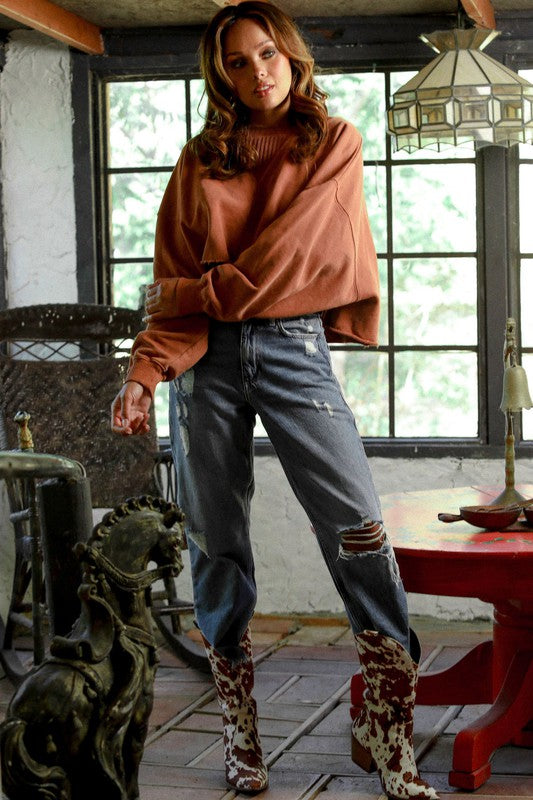Long Sleeve Sand Washed French Terry Loose Fit Top - Debs on 5th