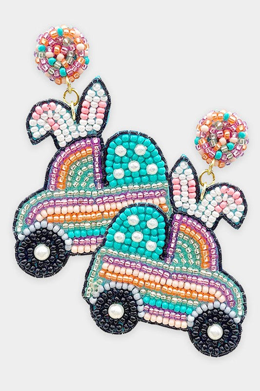Seed Beaded Easter Bunny Car Earrings - Debs on 5th