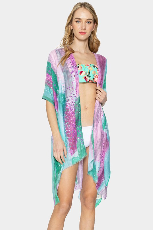 Brush Stroke Printed Cover Up Kimono Poncho - Debs on 5th