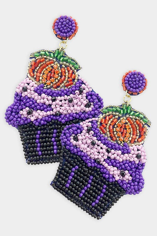 Felt Back Pumpkin Muffin Beaded Dangle Earrings - Debs on 5th