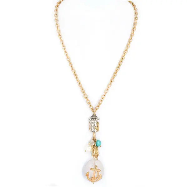 Metal Anchor Necklace with Frosted Glass Stone - Debs Boutique  LLC