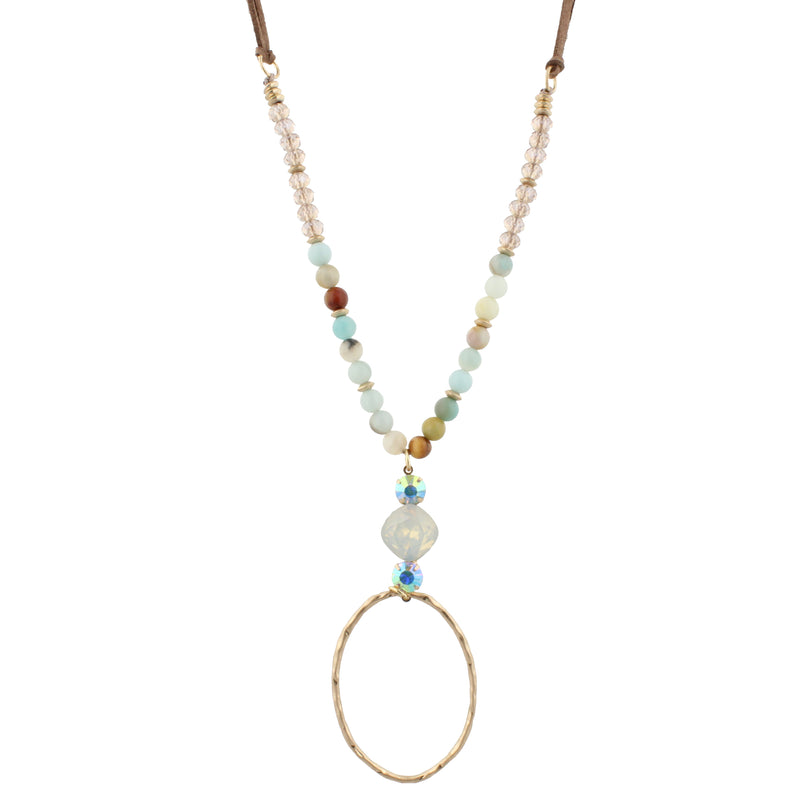 32" Adj. Grey Leather with Howlite Beaded Body & Pointed Oval - Debs on 5th