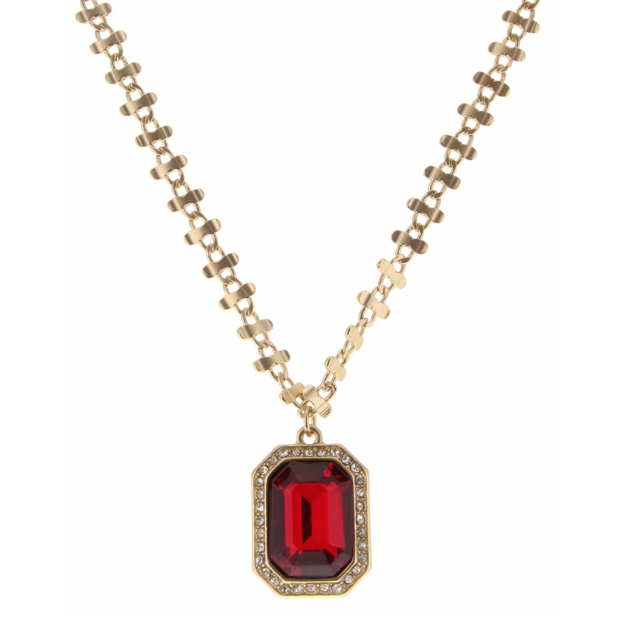 14" Ruby Rectangle Surrounded by Clear Crystals Necklace, 3" Ext. - Debs on 5th