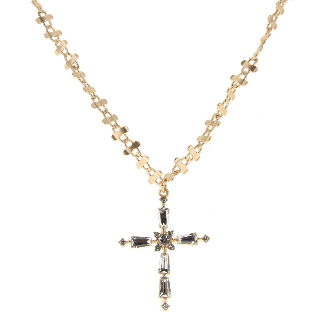 14" Clear Trapezoid Crystal Embellishments on Gold Cross Necklace, 3" Ext. - Debs on 5th